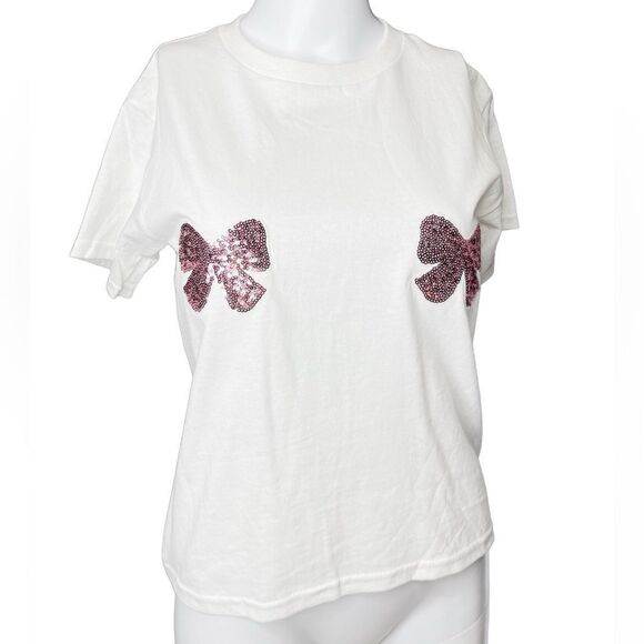 Sequin Bow Short Sleeve Shirt White and Pink Size Small - Picture 1 of 3